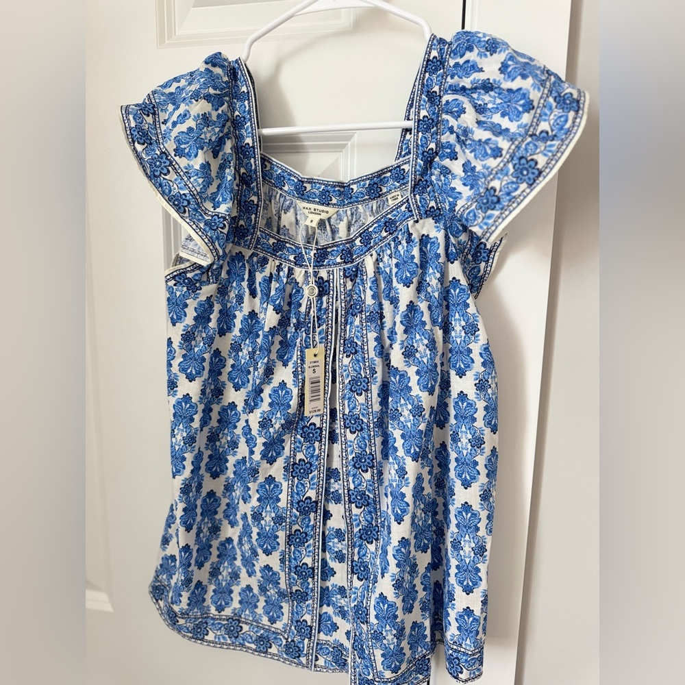 Max Studio London Women’s Short Sleeve Blue Floral Blouse Sz S